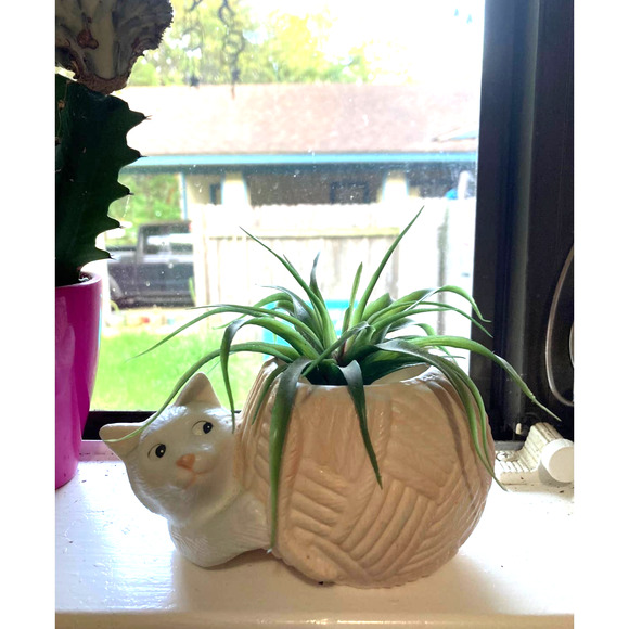 Vintage 80s CAT & Yarn Plant Holder / Succulent Planter / Kitty Trinket - Picture 2 of 8